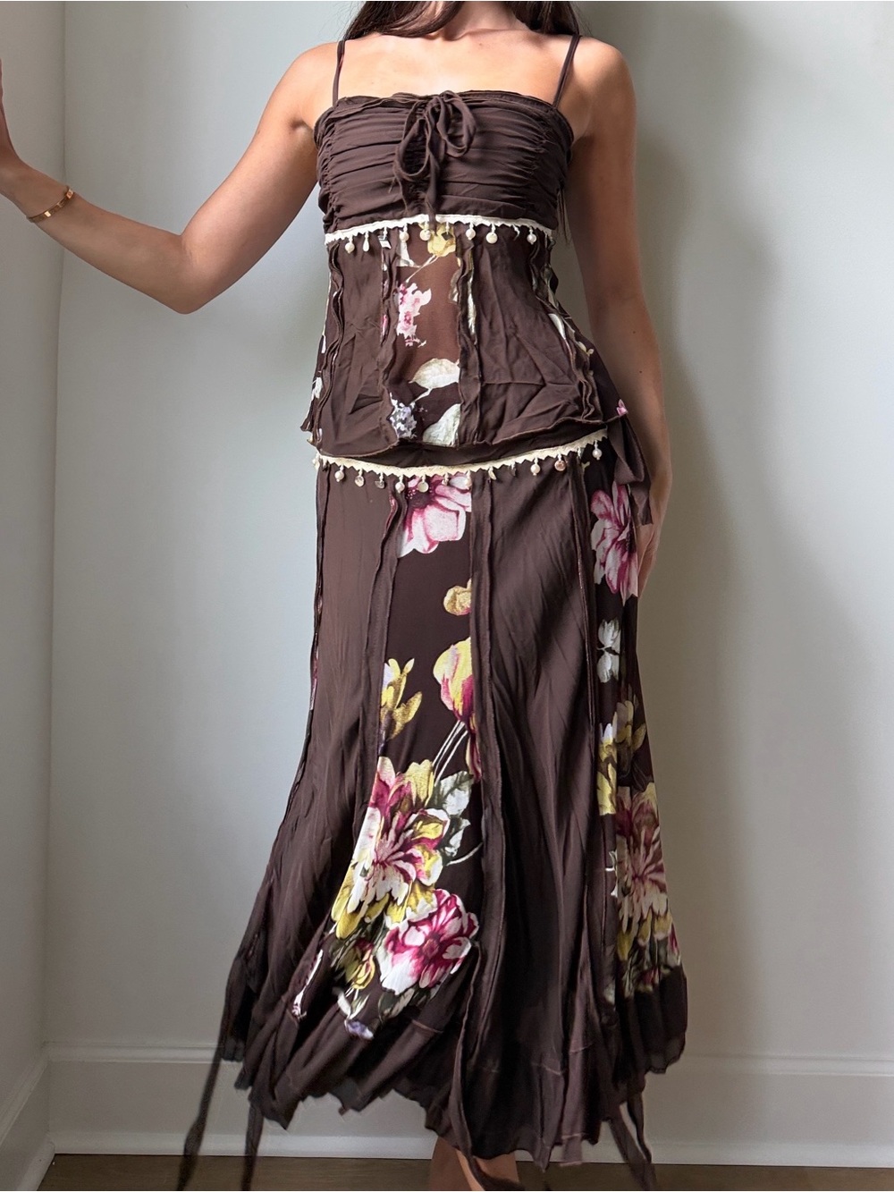 Vintage Y2K Brown Floral Mesh Fairy Skirt Set Pearl Made In Italy Derhy Style
